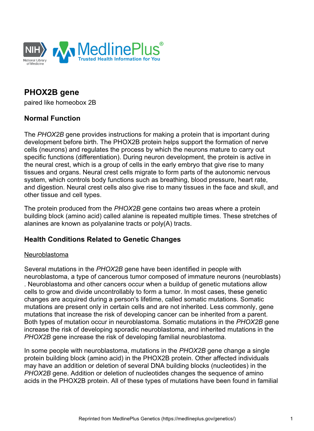 PHOX2B Gene Paired Like Homeobox 2B