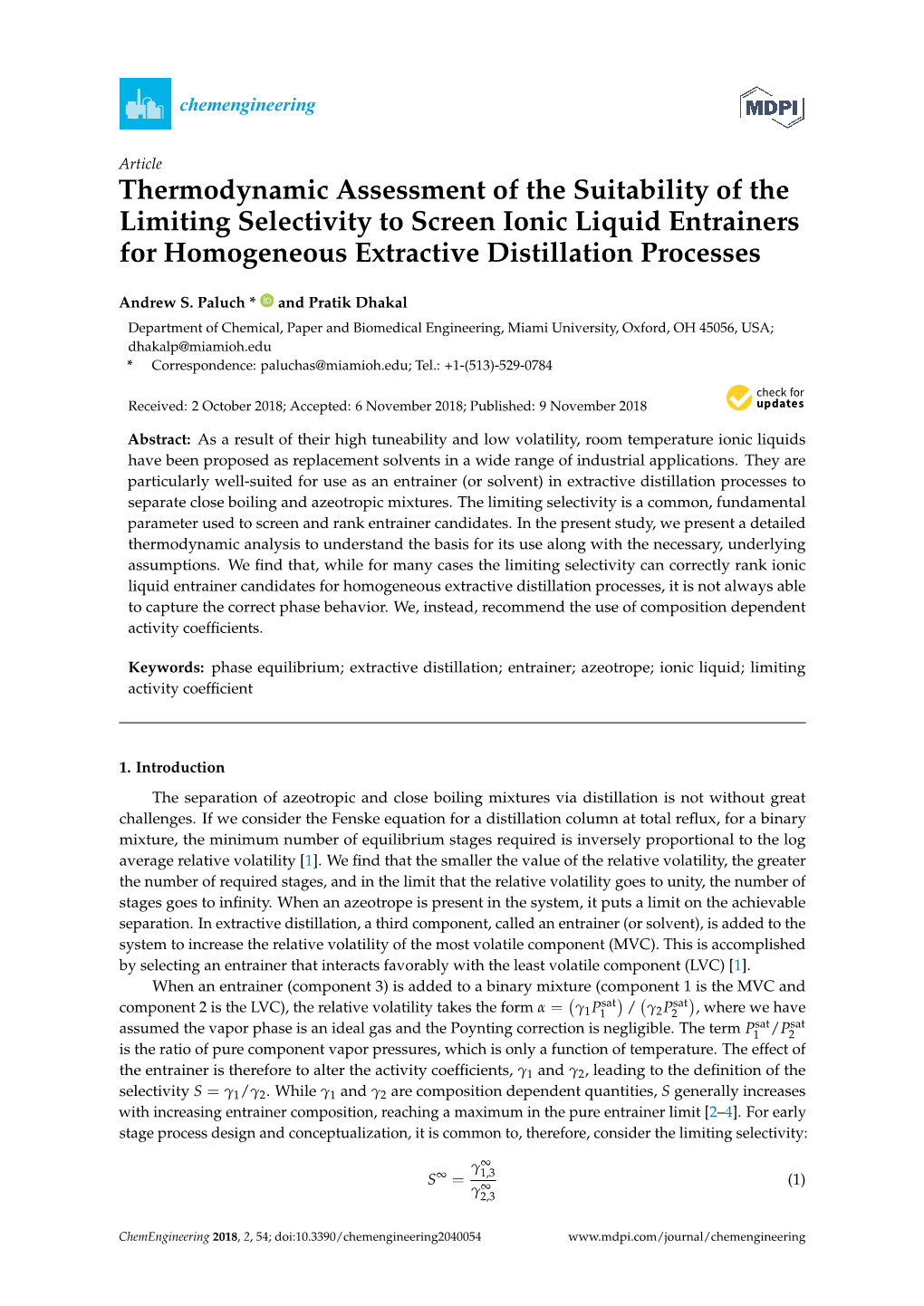 Thermodynamic Assessment of the Suitability of the Limiting Selectivity to Screen Ionic Liquid Entrainers for Homogeneous Extractive Distillation Processes