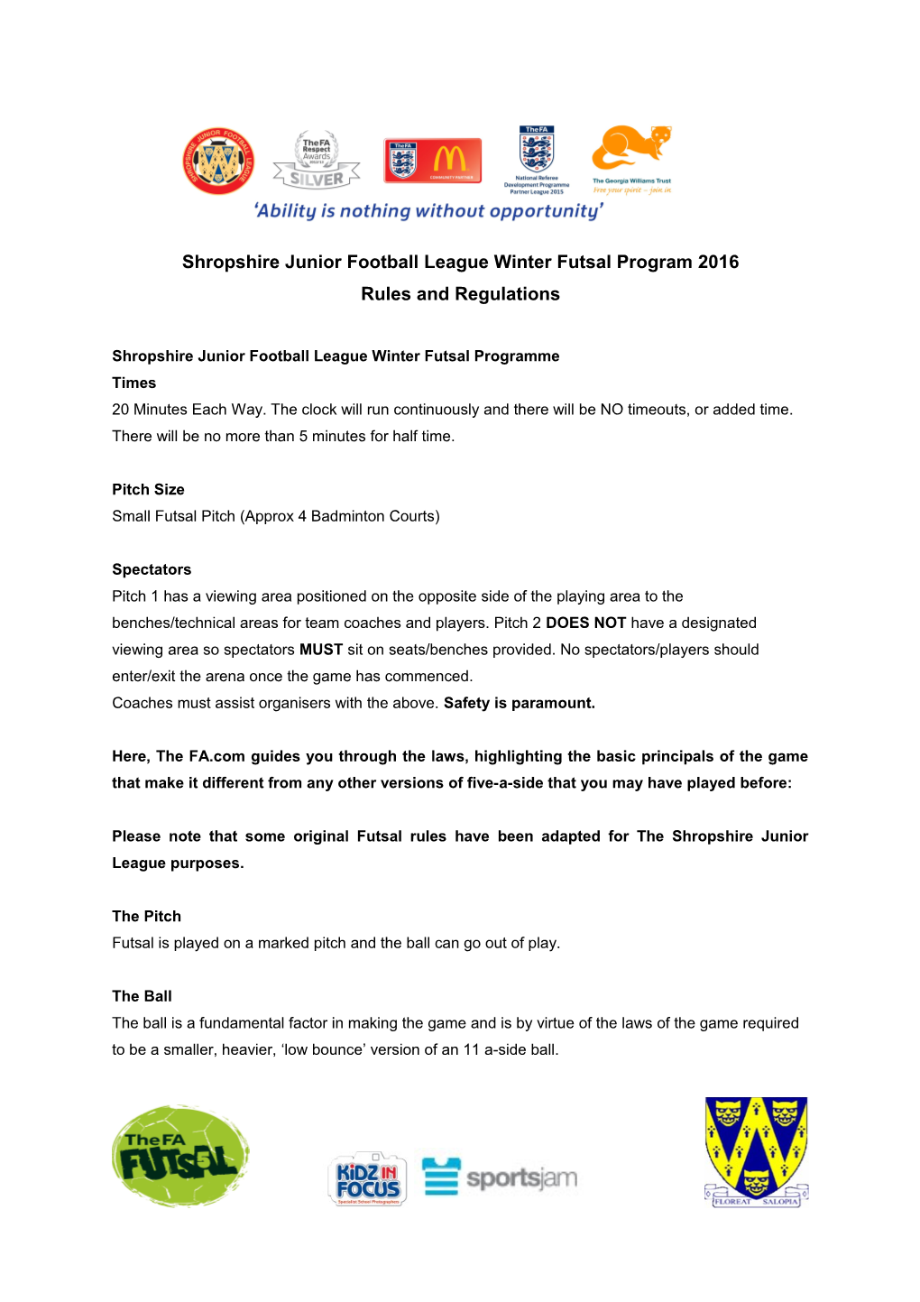 Shropshire Junior Football League Winter Futsal Program 2016