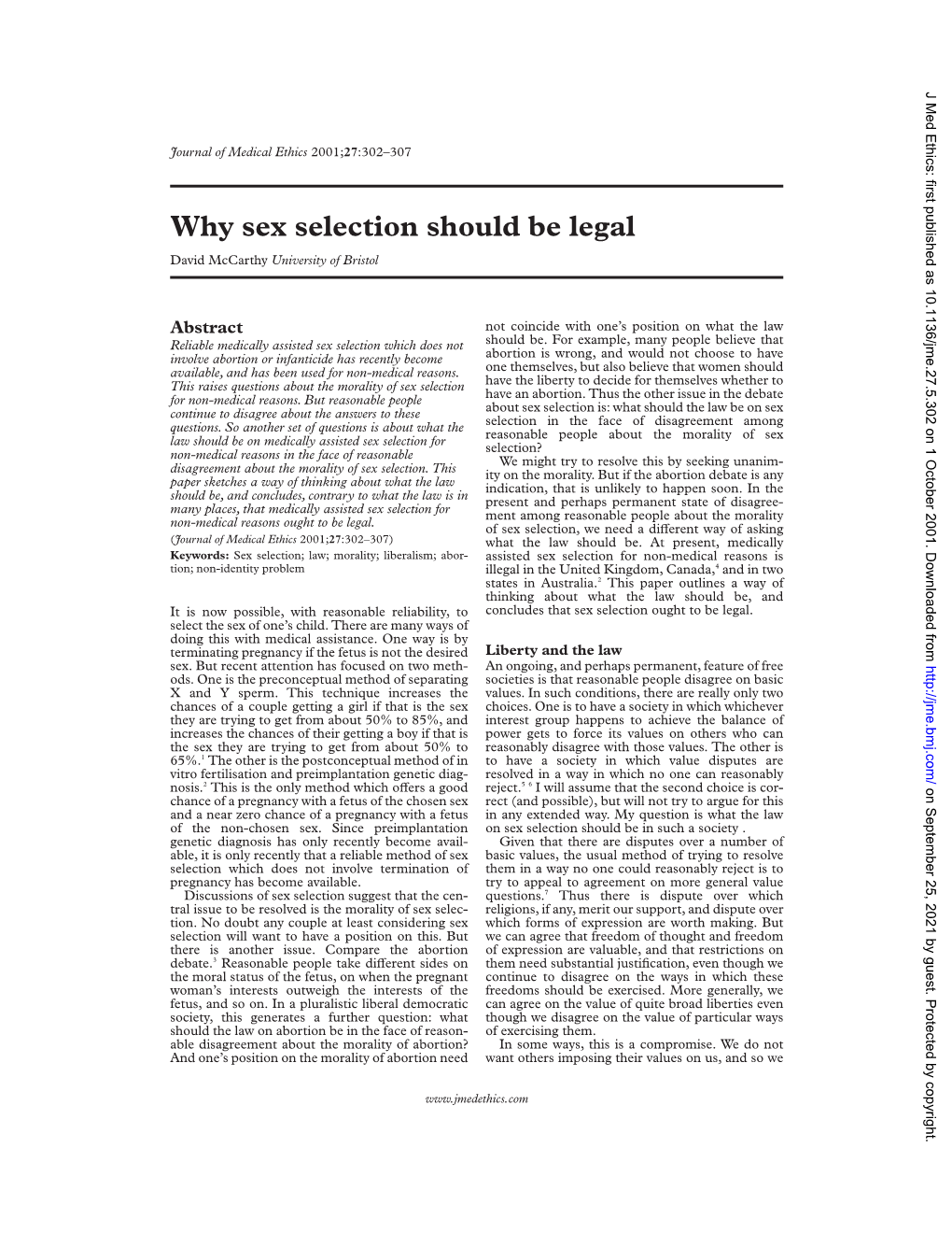 Why Sex Selection Should Be Legal David Mccarthy University of Bristol