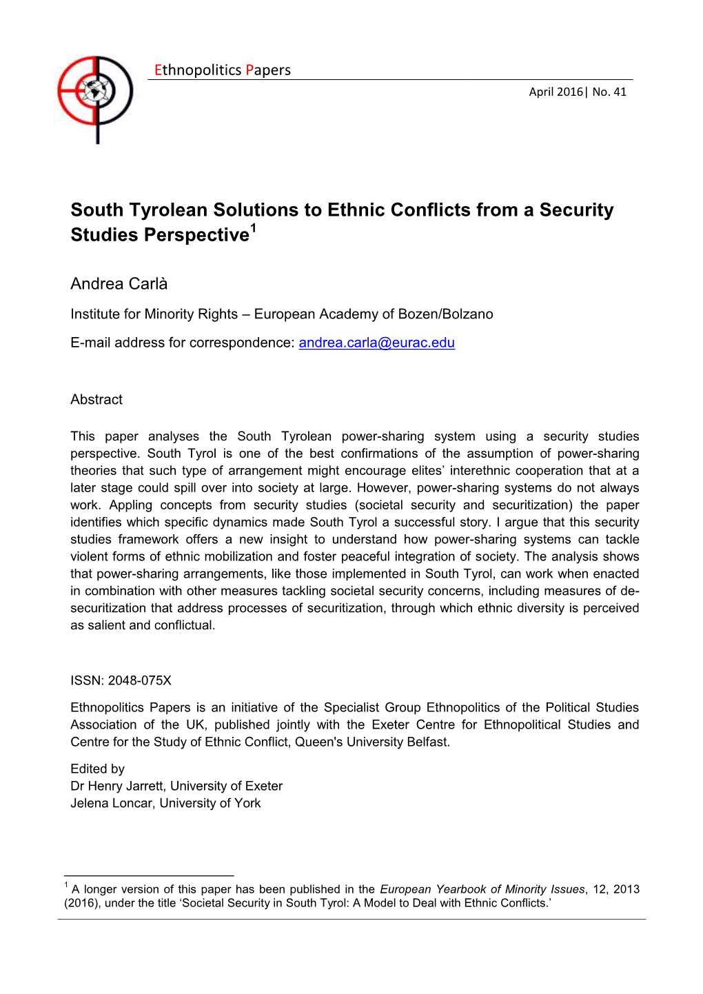 South Tyrolean Solutions to Ethnic Conflicts from a Security Studies Perspective1
