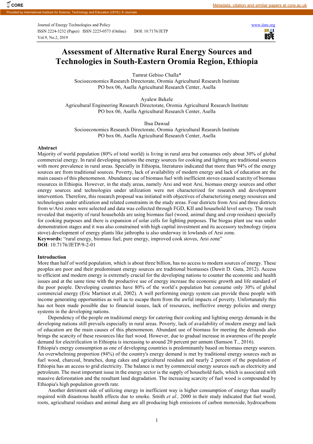 Assessment of Alternative Rural Energy Sources and Technologies in South-Eastern Oromia Region, Ethiopia