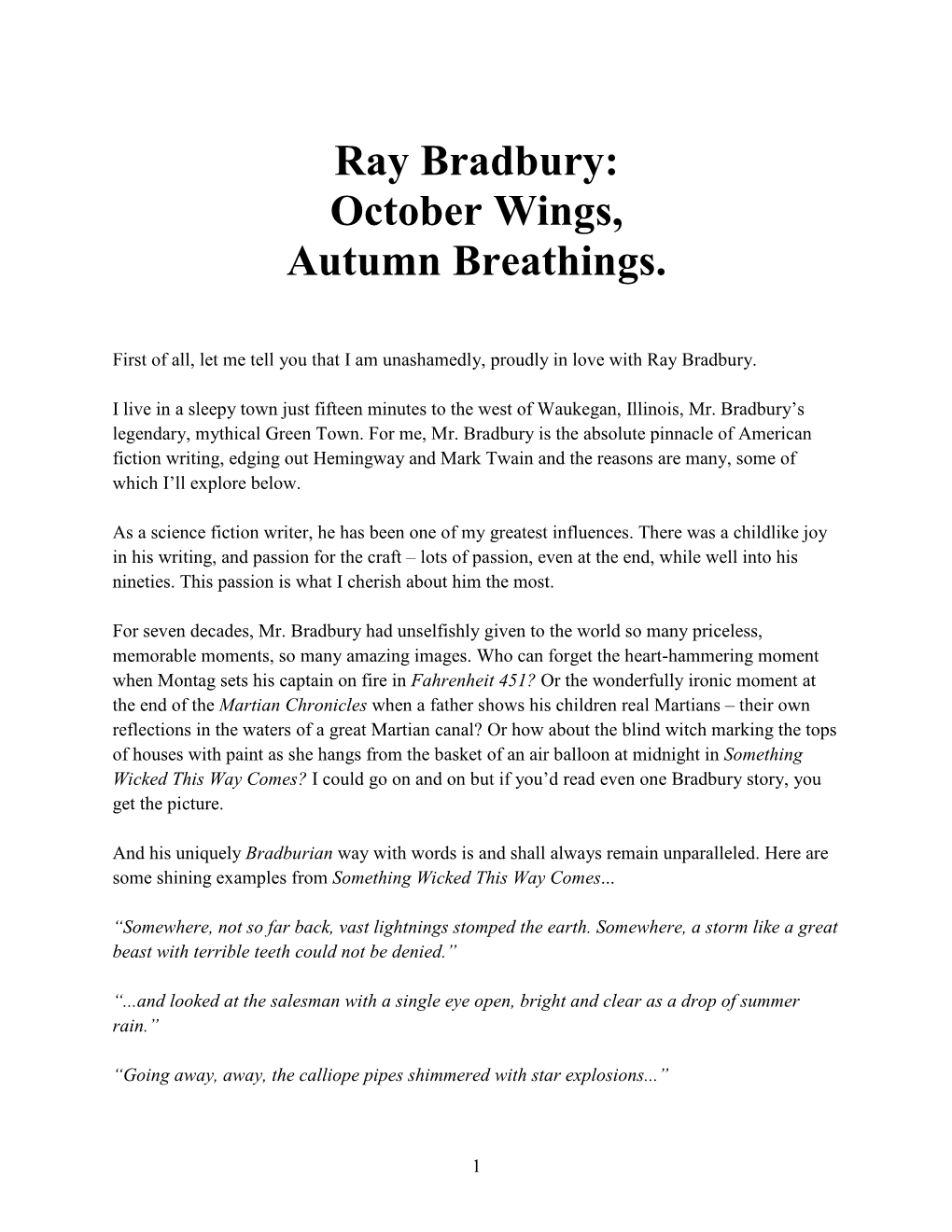 Ray Bradbury: October Wings, Autumn Breathings