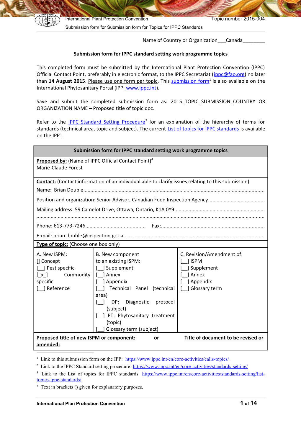 Submission Form for ICPM Work Programme Topics