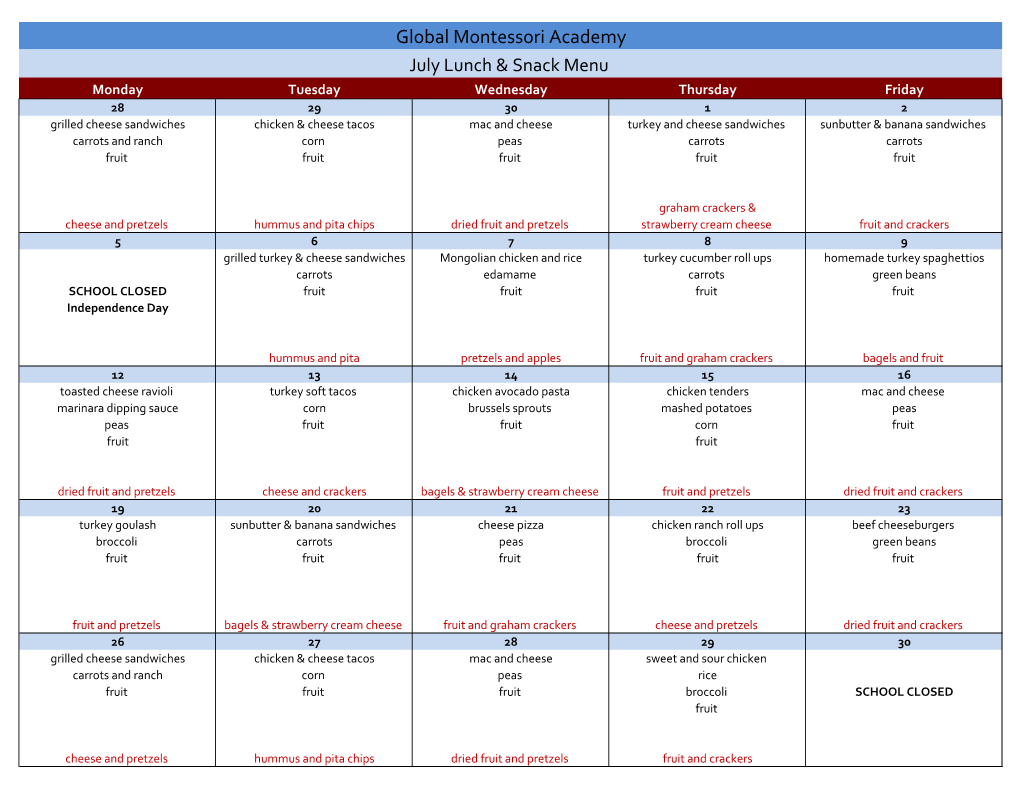 July Lunch & Snack Menu