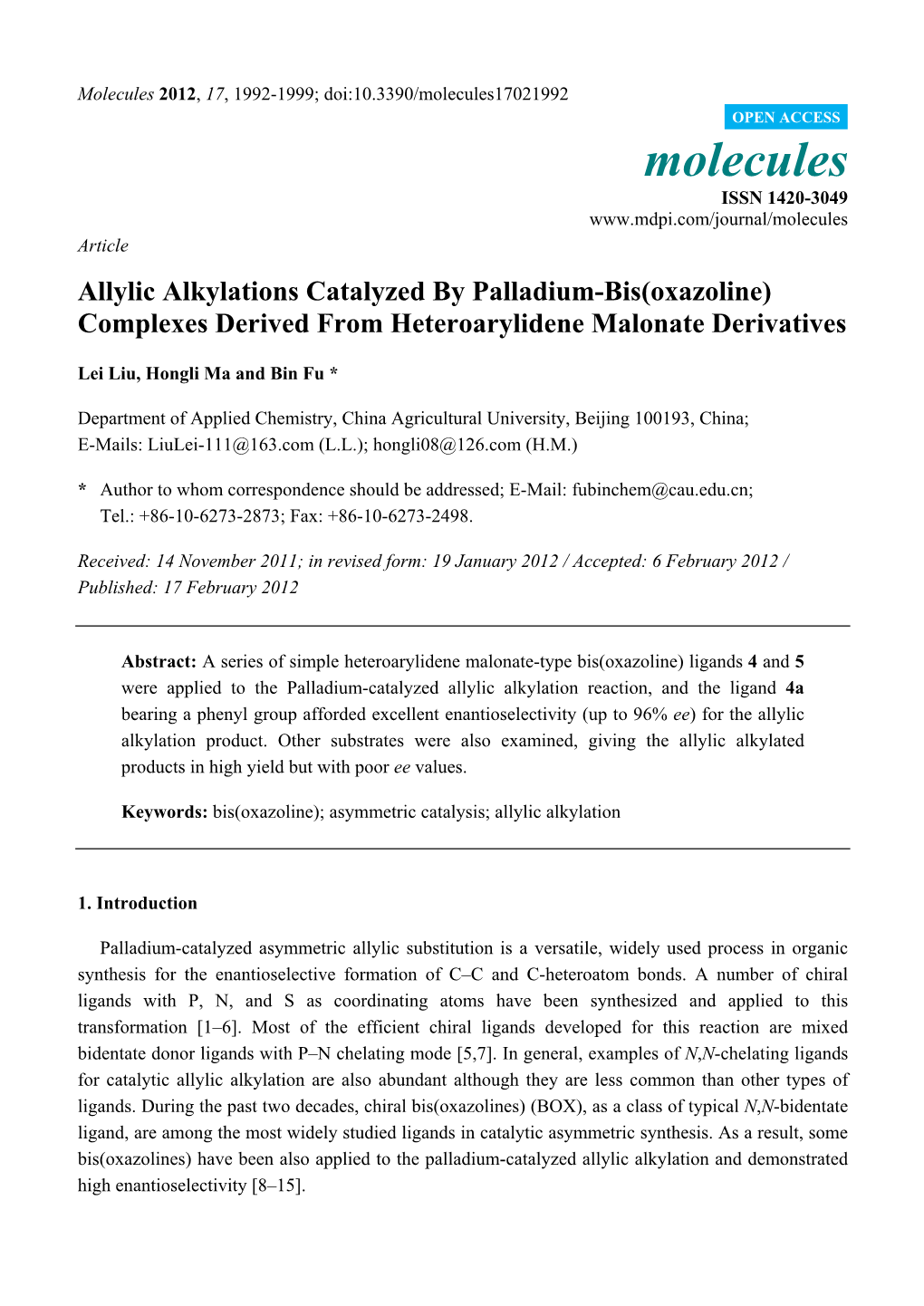Allylic Alkylations Catalyzed by Palladium-Bis(Oxazoline) Complexes Derived from Heteroarylidene Malonate Derivatives