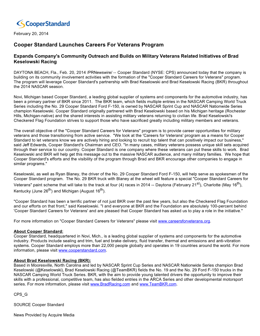 Cooper Standard Launches Careers for Veterans Program