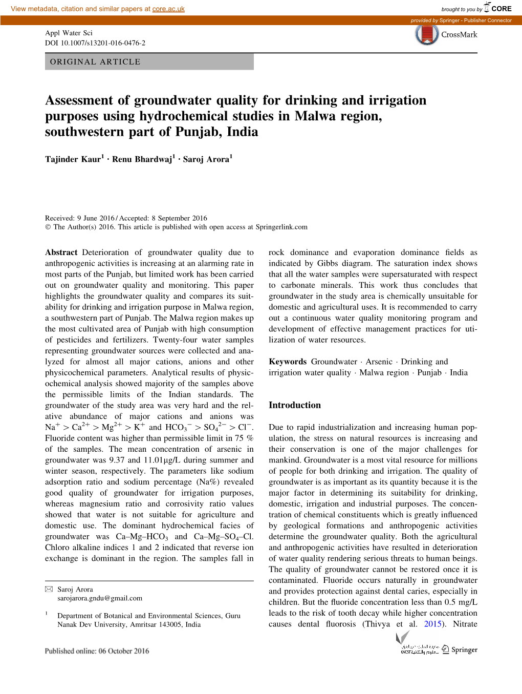 Assessment of Groundwater Quality for Drinking and Irrigation Purposes Using Hydrochemical Studies in Malwa Region, Southwestern Part of Punjab, India