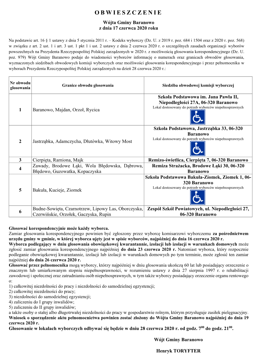 Obwieszczenie Wójta Gminy Baranowo Z Dnia 17 Czerwca 2020 R