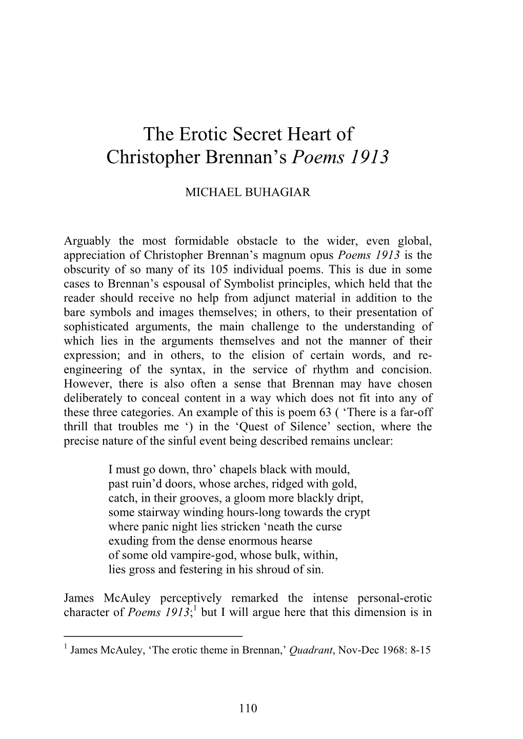 The Erotic Secret Heart of Christopher Brennan's Poems 1913
