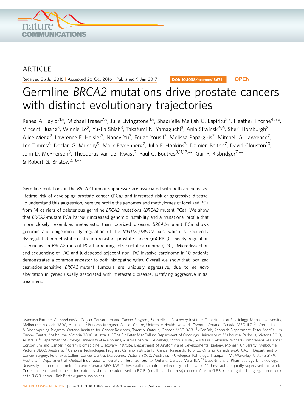 Germline BRCA2 Mutations Drive Prostate Cancers with Distinct Evolutionary Trajectories