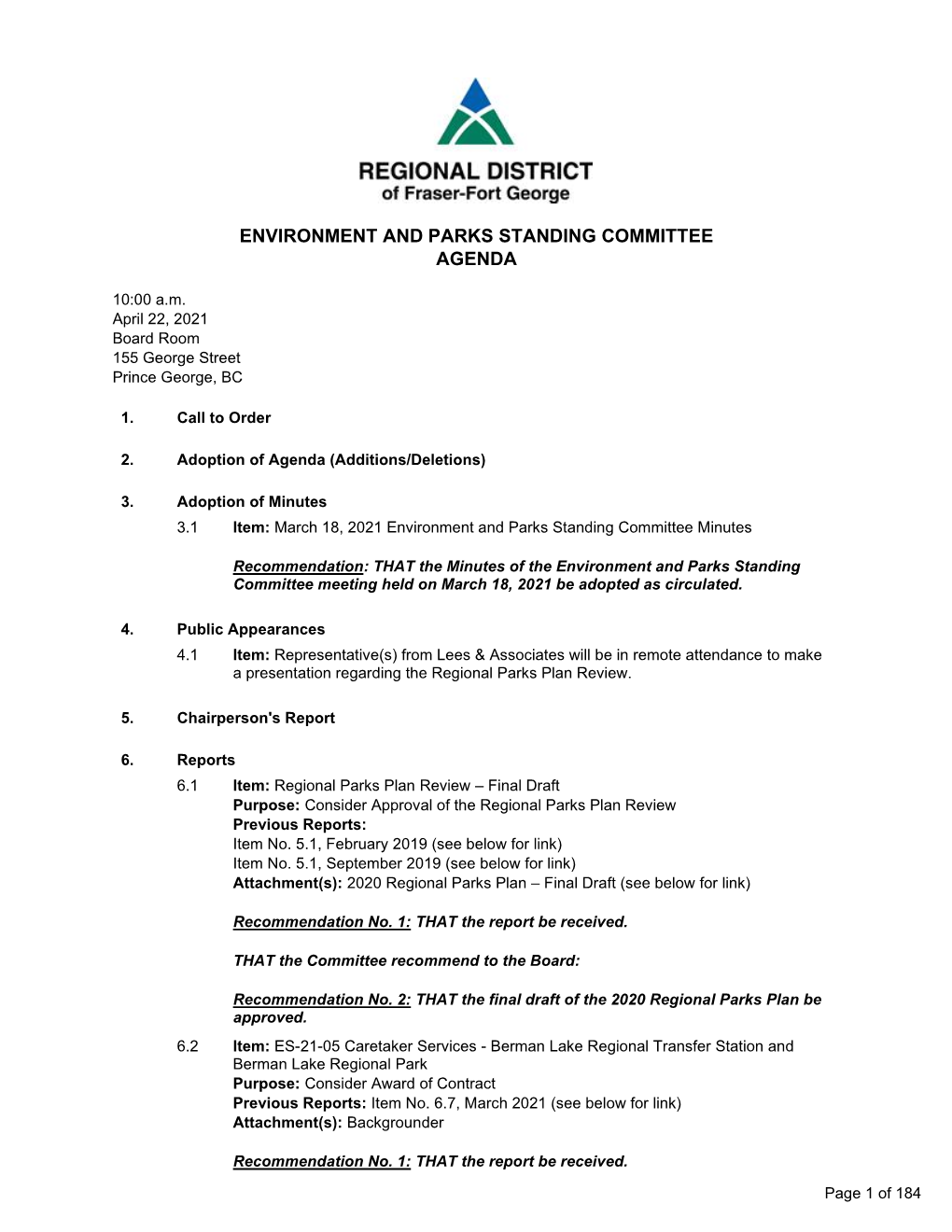 Environment and Parks Standing Committee Agenda