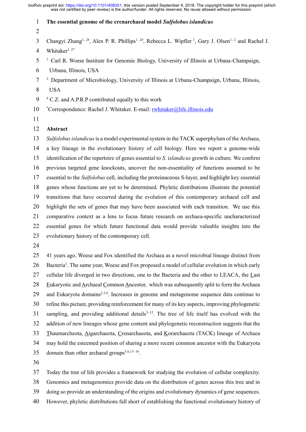 The Essential Genome of the Crenarchaeal Model Sulfolobus Islandicus 2 3 Changyi Zhang1, 2#, Alex P