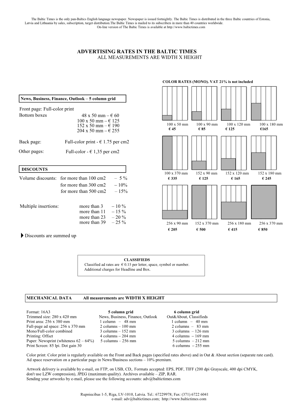 Advertising Rates in the Baltic Times All Measurements Are Width X Height