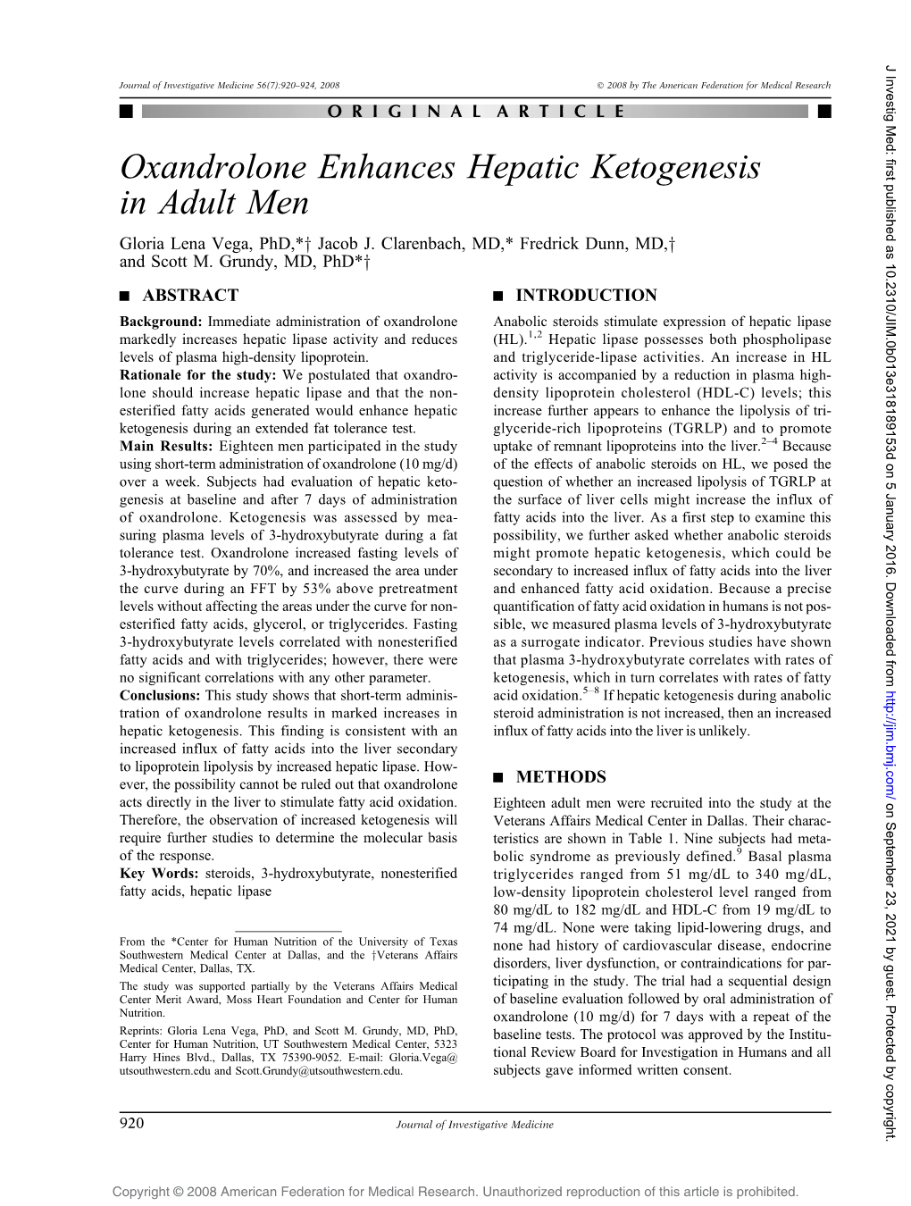 Oxandrolone Enhances Hepatic Ketogenesis in Adult Men Gloria Lena Vega, Phd,*Y Jacob J