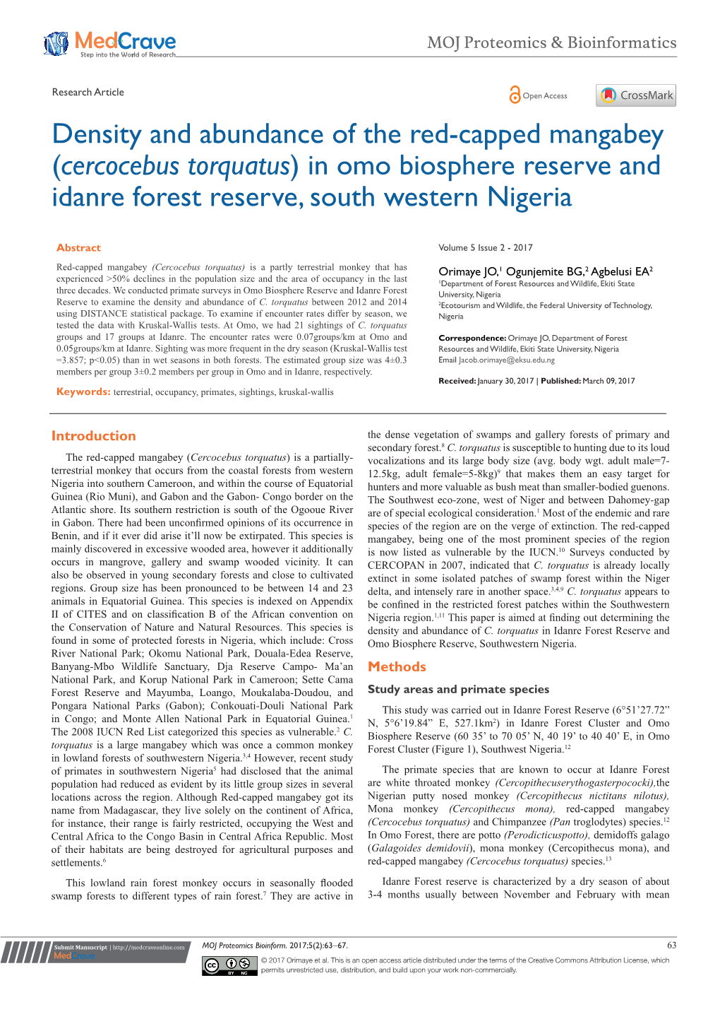 Density and Abundance of the Red-Capped Mangabey (Cercocebus Torquatus) in Omo Biosphere Reserve and Idanre Forest Reserve, South Western Nigeria