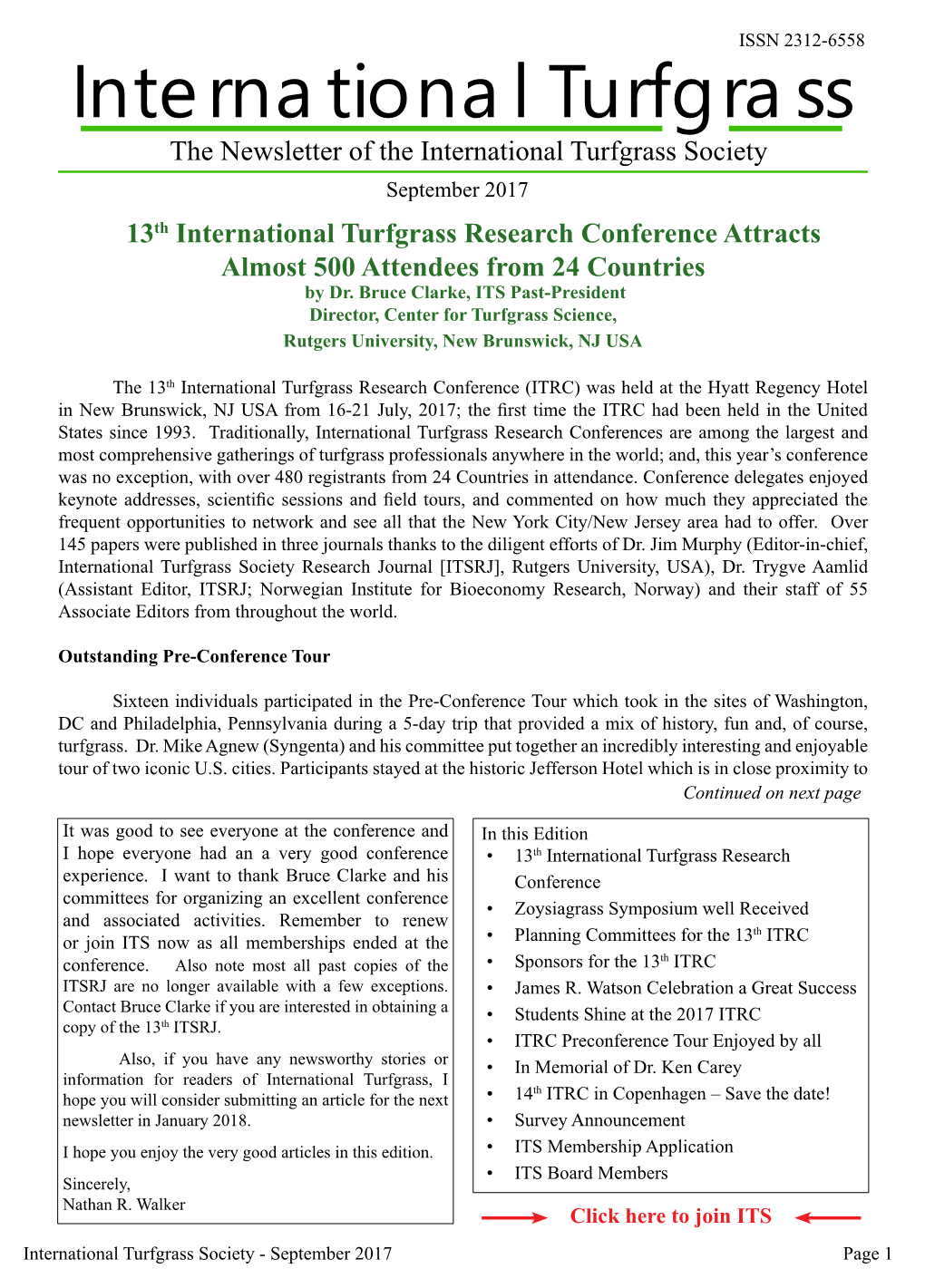 September 2017 13Th International Turfgrass Research Conference Attracts Almost 500 Attendees from 24 Countries by Dr