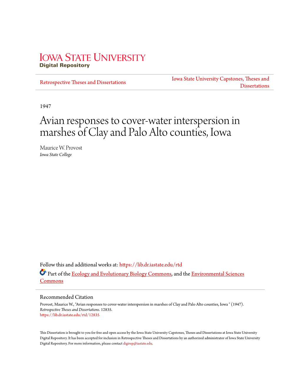 Avian Responses to Cover-Water Interspersion in Marshes of Clay and Palo Alto Counties, Iowa Maurice W