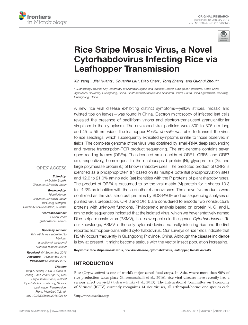 Rice Stripe Mosaic Virus, a Novel Cytorhabdovirus Infecting Rice Via Leafhopper Transmission