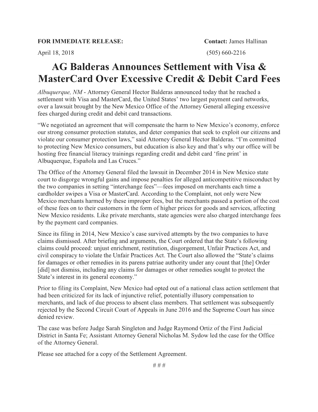 AG Balderas Announces Settlement with Visa & Mastercard Over Excessive Credit & Debit Card Fees