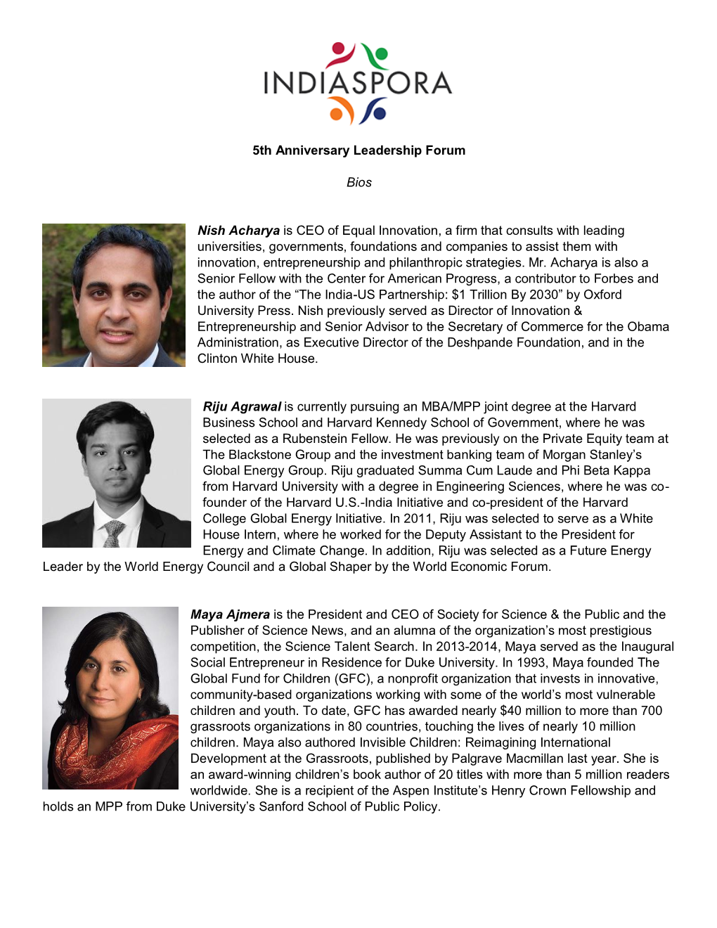 5Th Anniversary Leadership Forum Bios Nish Acharya Is CEO of Equal Innovation, a Firm That Consults with Leading Universities, G