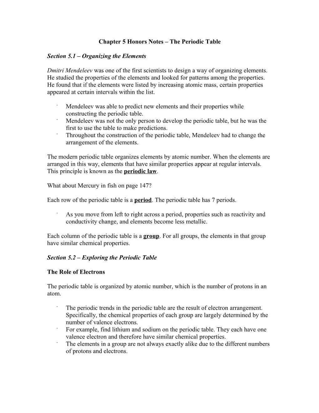 Chapter 5 Honors Notes the Periodic Table