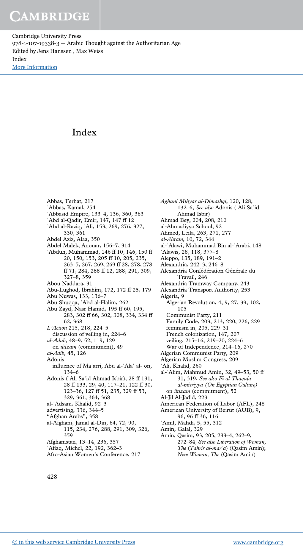 Cambridge University Press 978-1-107-19338-3 — Arabic Thought Against the Authoritarian Age Edited by Jens Hanssen , Max Weiss Index More Information