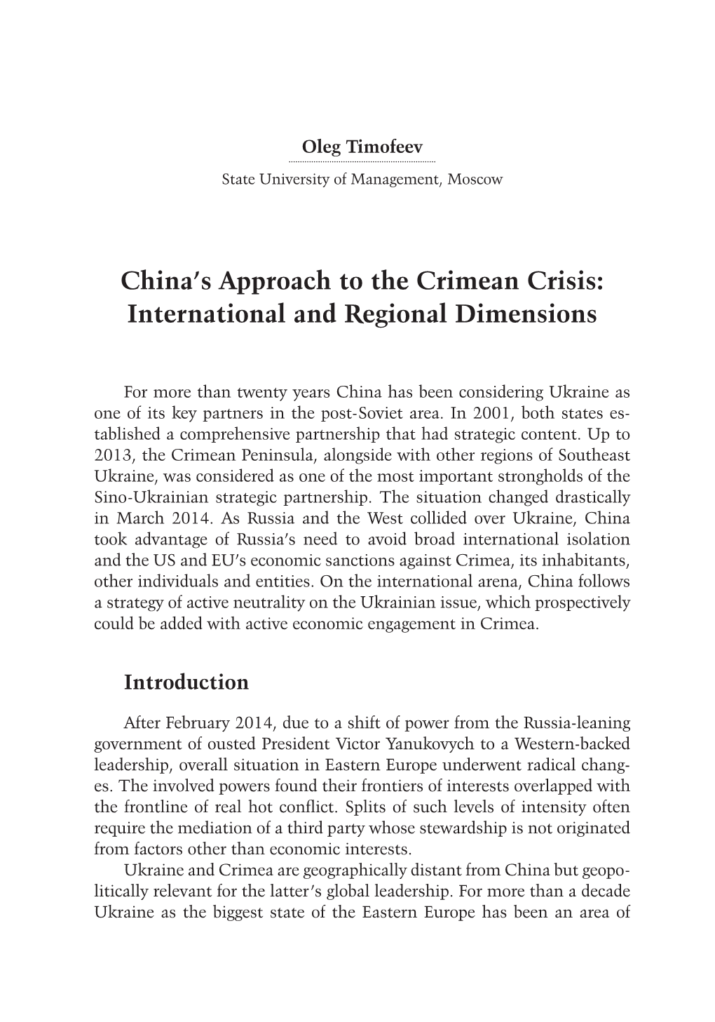 China's Approach to the Crimean Crisis: International and Regional