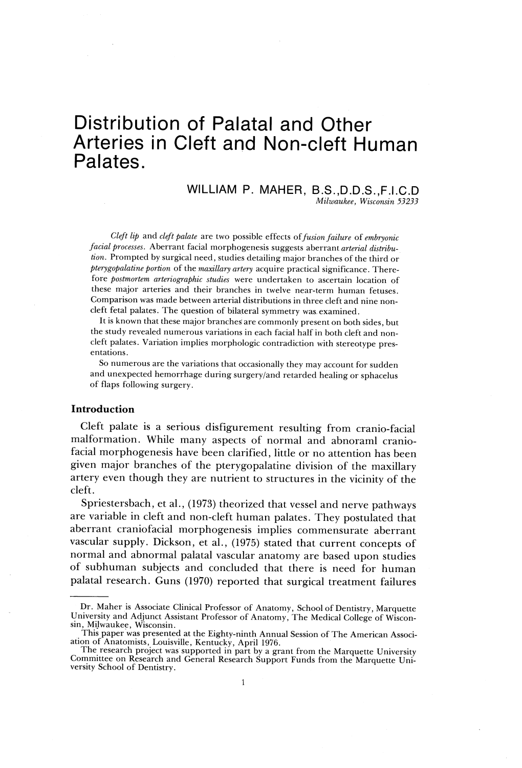 Distribution of Palatal and Other Arteries in Cleft and Non-Cleft