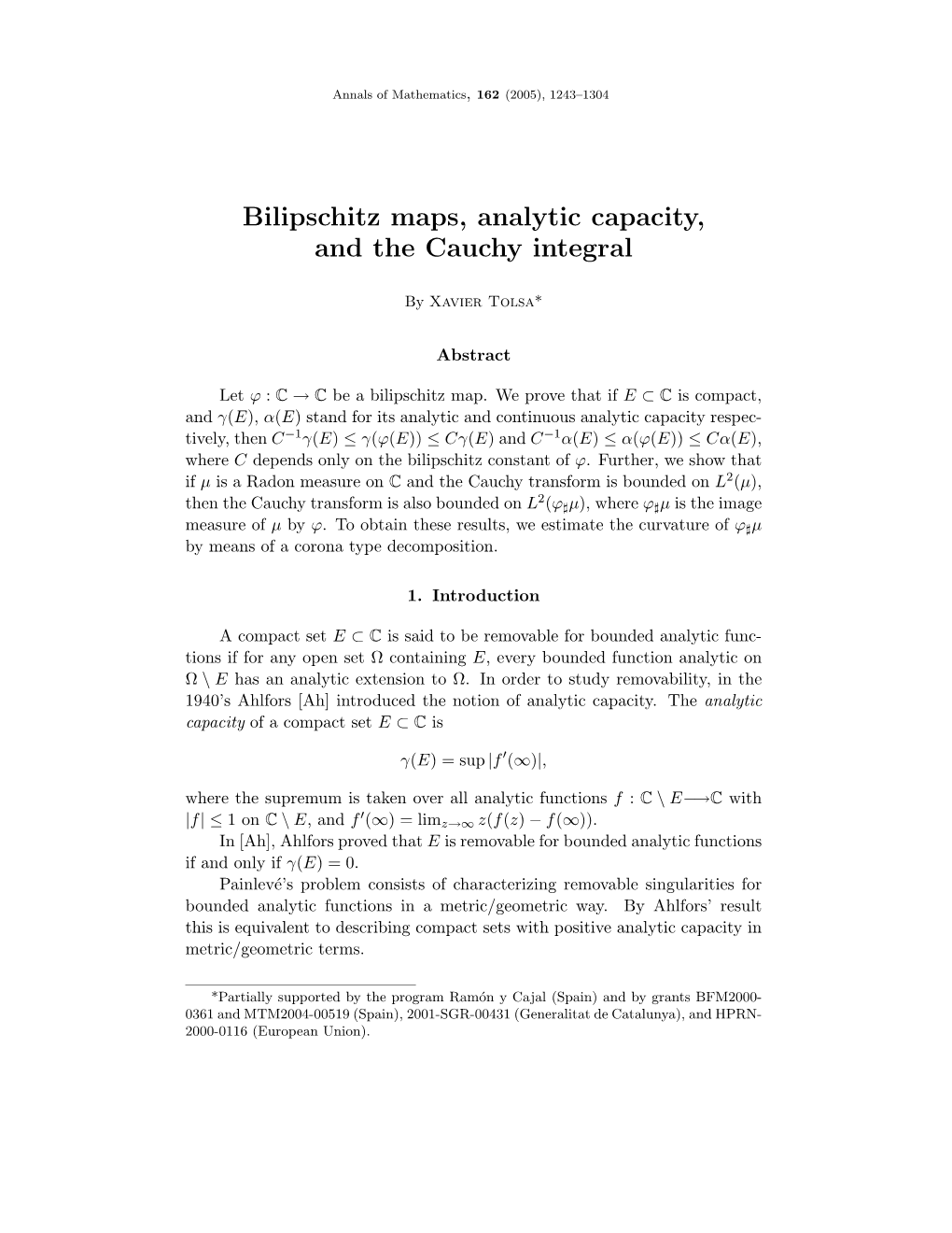 Bilipschitz Maps, Analytic Capacity, and the Cauchy Integral