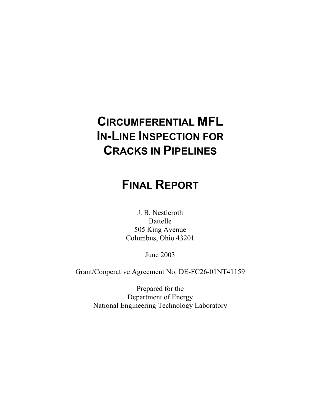 Circumferential Mfl In-Line Inspection for Cracks in Pipelines Final Report