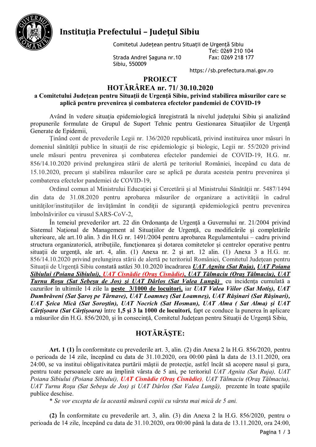 HOTARAREA Nr. 71 30.10.2020 a Comitetului Judetean Pentru Situatii De Urgenta Sibiu, Privind Stabilirea Masurilor