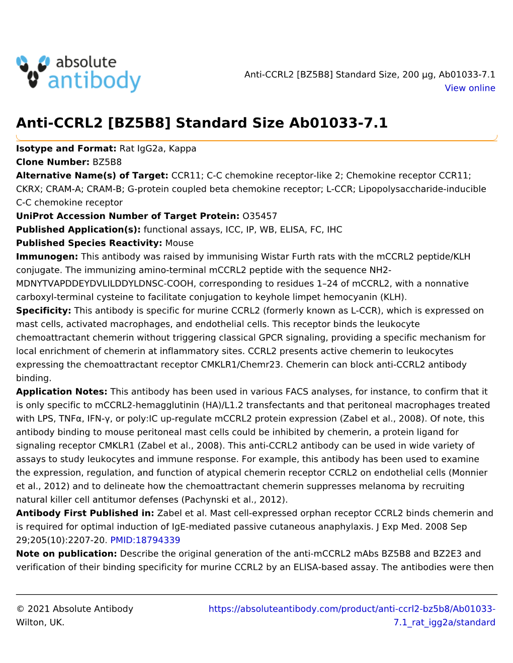 Anti-CCRL2 [BZ5B8] Standard Size Ab01033-7.1