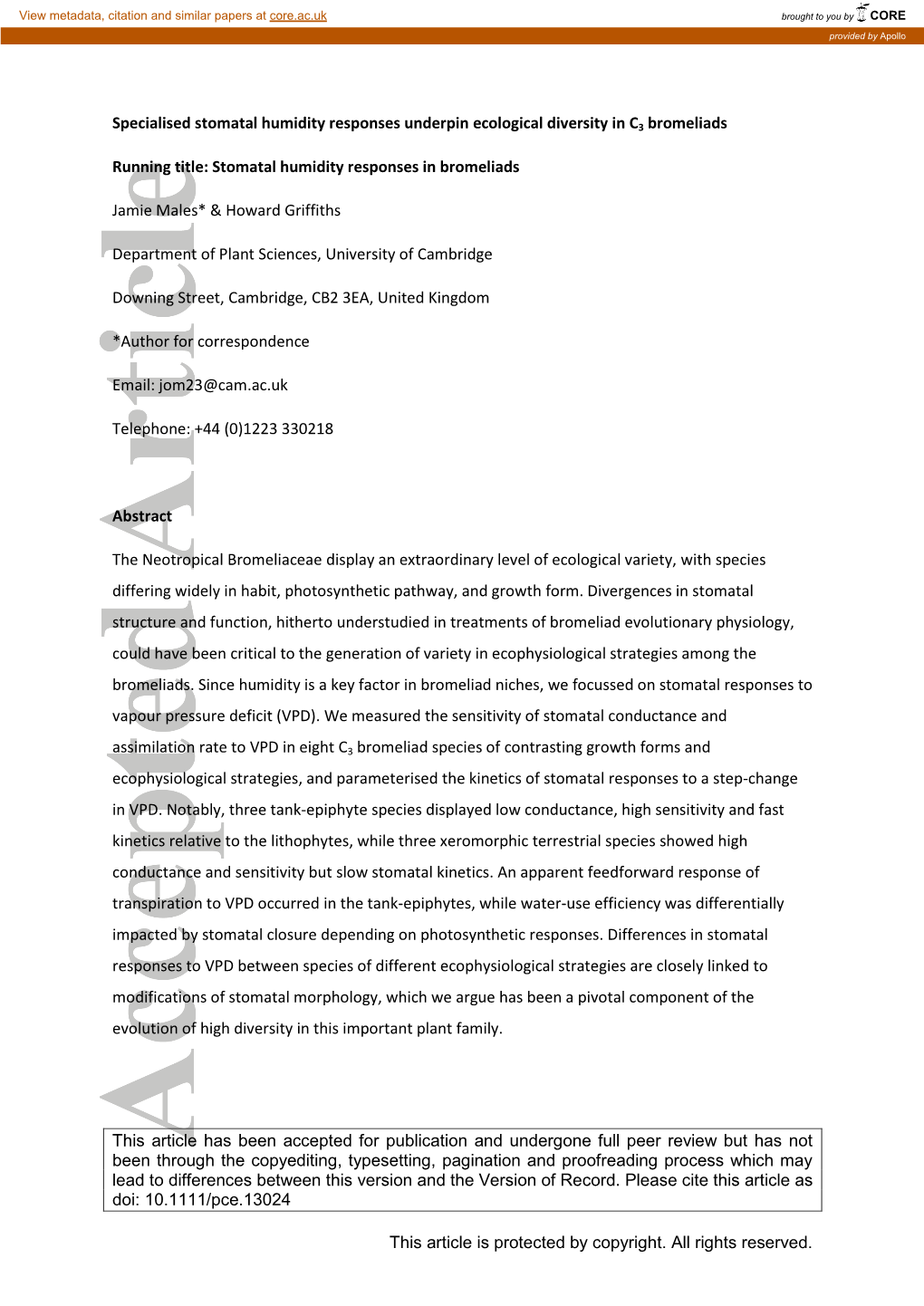 Specialised Stomatal Humidity Responses Underpin Ecological Diversity in C3 Bromeliads