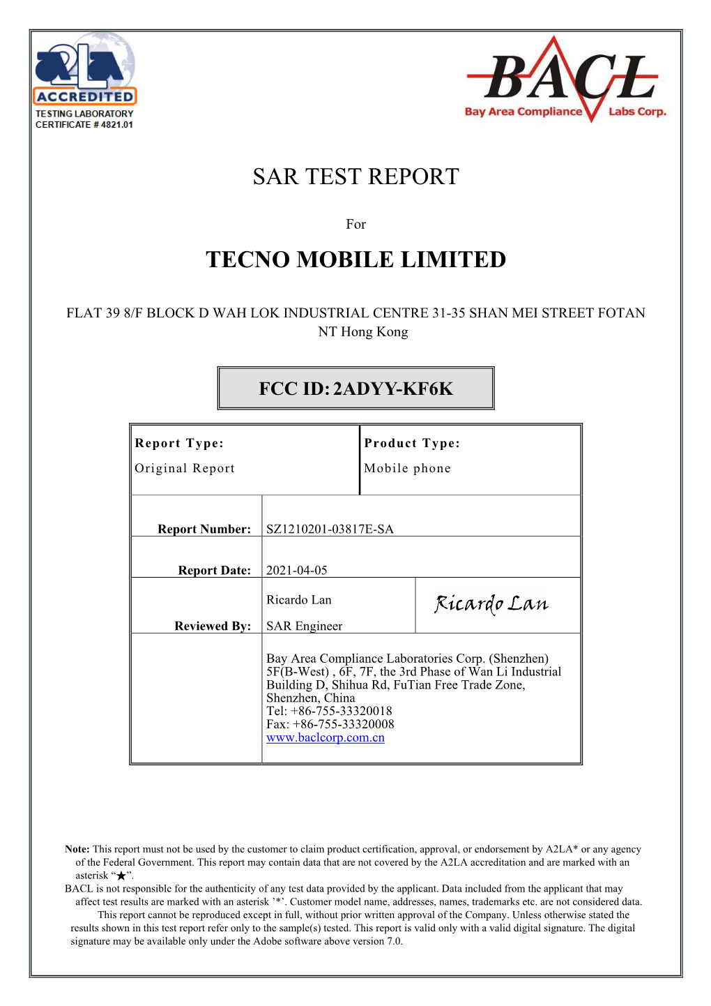 Sar Test Report Tecno Mobile Limited