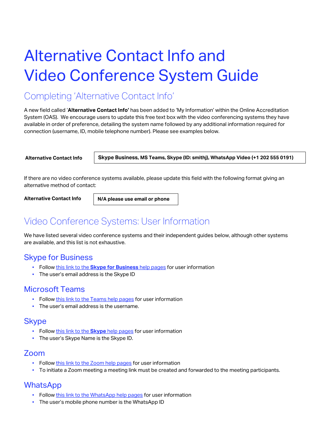 Alternative Contact Info and Video Conference System Guide Completing ‘Alternative Contact Info’