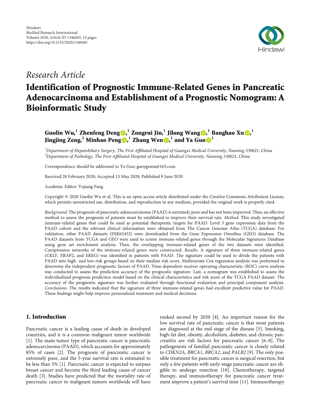 Identification of Prognostic Immune-Related Genes in Pancreatic Adenocarcinoma and Establishment of a Prognostic Nomogram: a Bioinformatic Study