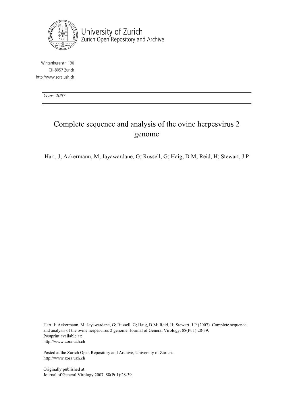 Complete Sequence and Analysis of the Ovine Herpesvirus 2 Genome