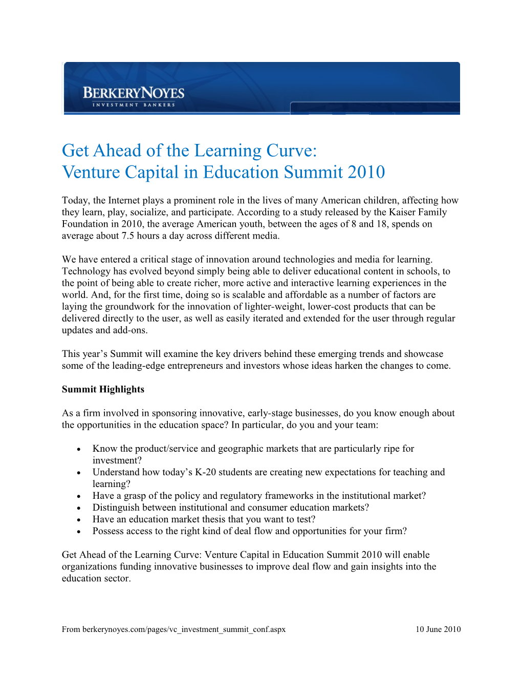 Get Ahead of the Learning Curve: Venture Capital in Education Summit 2010