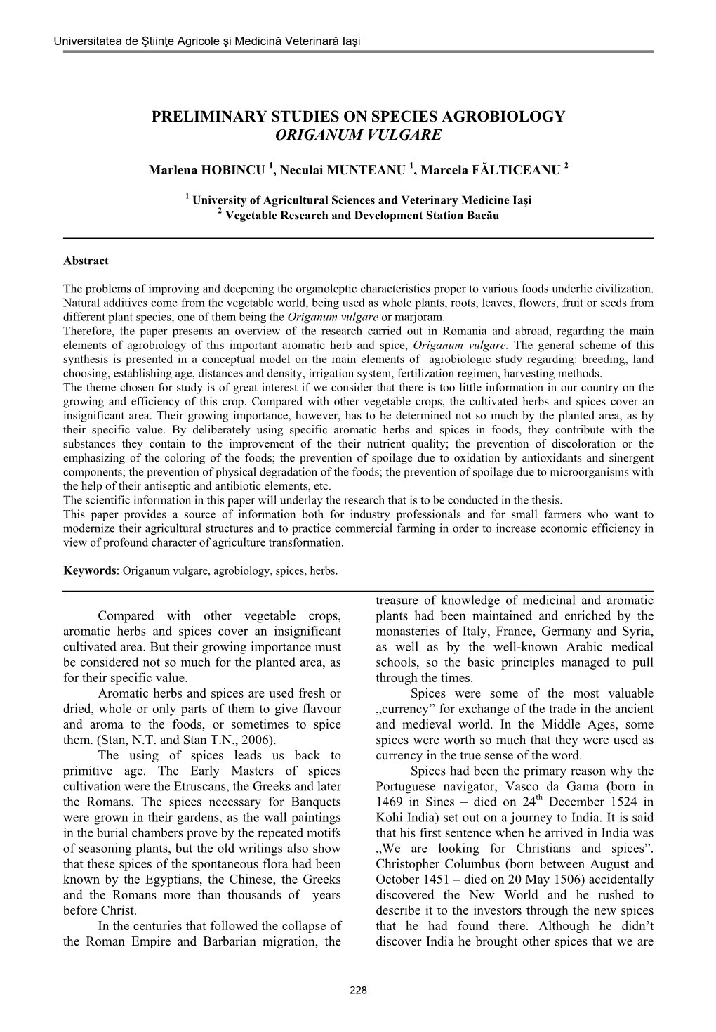 Preliminary Studies on Species Agrobiology Origanum Vulgare