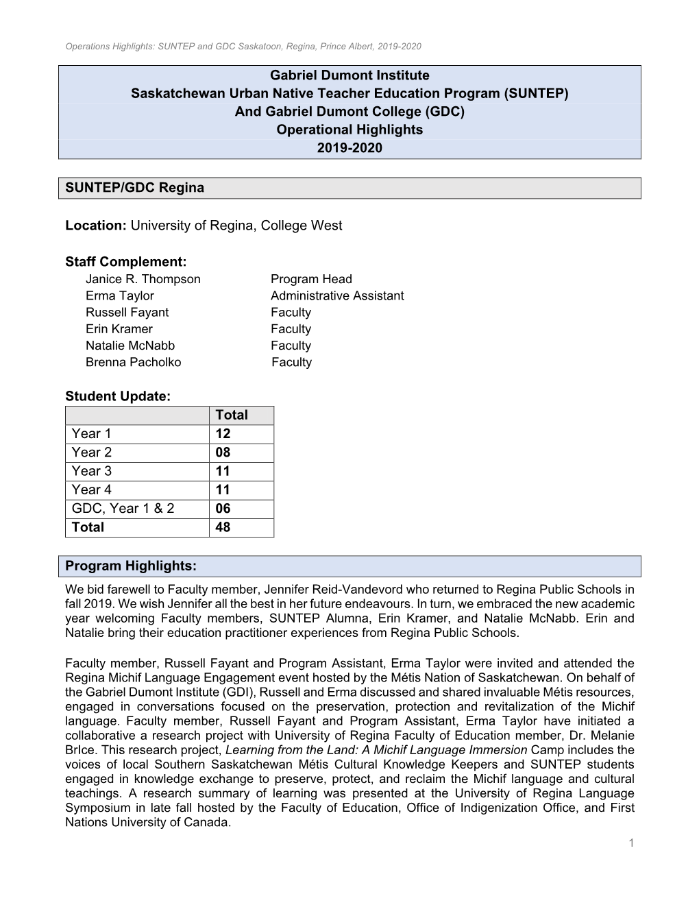 Gabriel Dumont Institute Saskatchewan Urban Native Teacher Education Program (SUNTEP) and Gabriel Dumont College (GDC) Operational Highlights 2019-2020