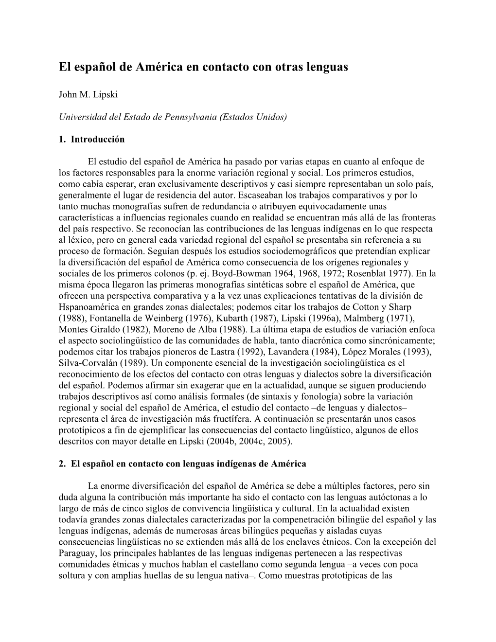 El Español De América En Contacto Con Otras Lenguas