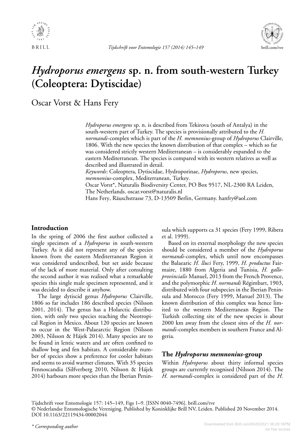 Hydroporus Emergens Sp. N. from South-Western Turkey (Coleoptera: Dytiscidae) Oscar Vorst & Hans Fery