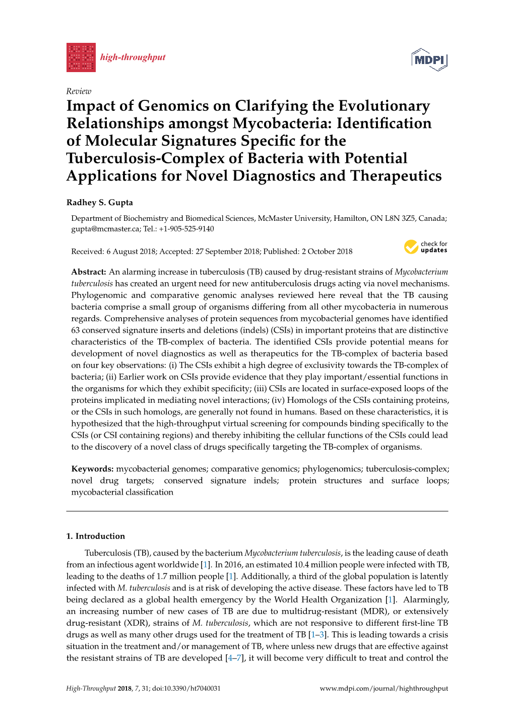 Impact of Genomics on Clarifying the Evolutionary Relationships Amongst Mycobacteria: Identification of Molecular Signatures