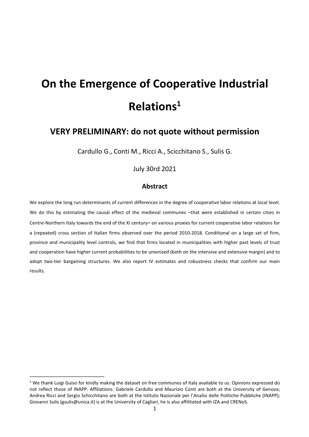 On the Emergence of Cooperative Industrial Relations1
