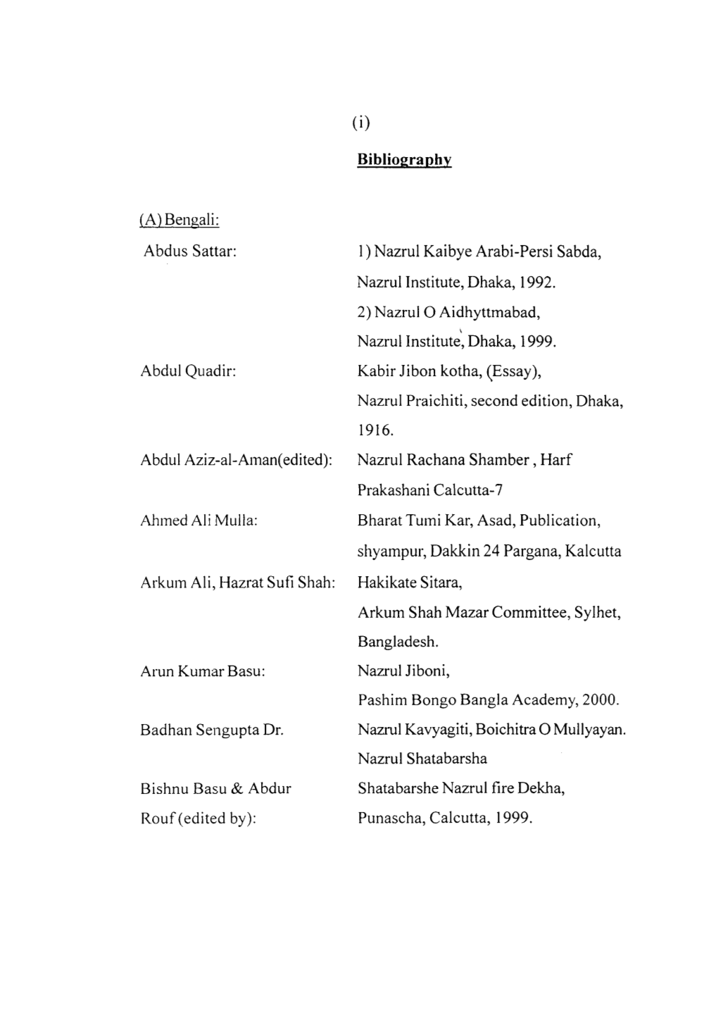 (I) Bibliography (A) Bengali: Abdus Sattar: Abdul Quadir: Abdul Aziz-Al