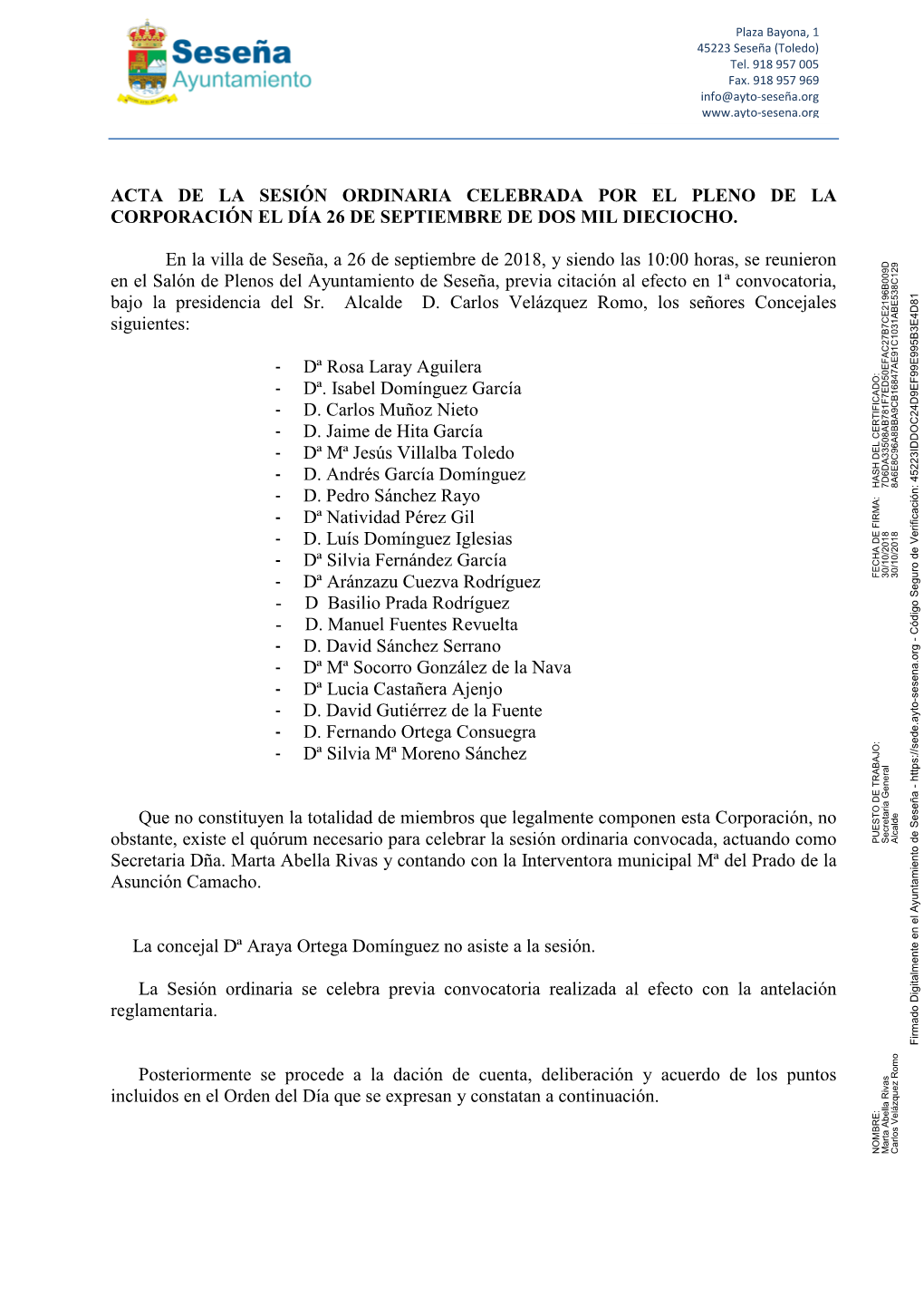 Acta De La Sesión Ordinaria Celebrada Por El Pleno De La Corporación El Día 26 De Septiembre De Dos Mil Dieciocho