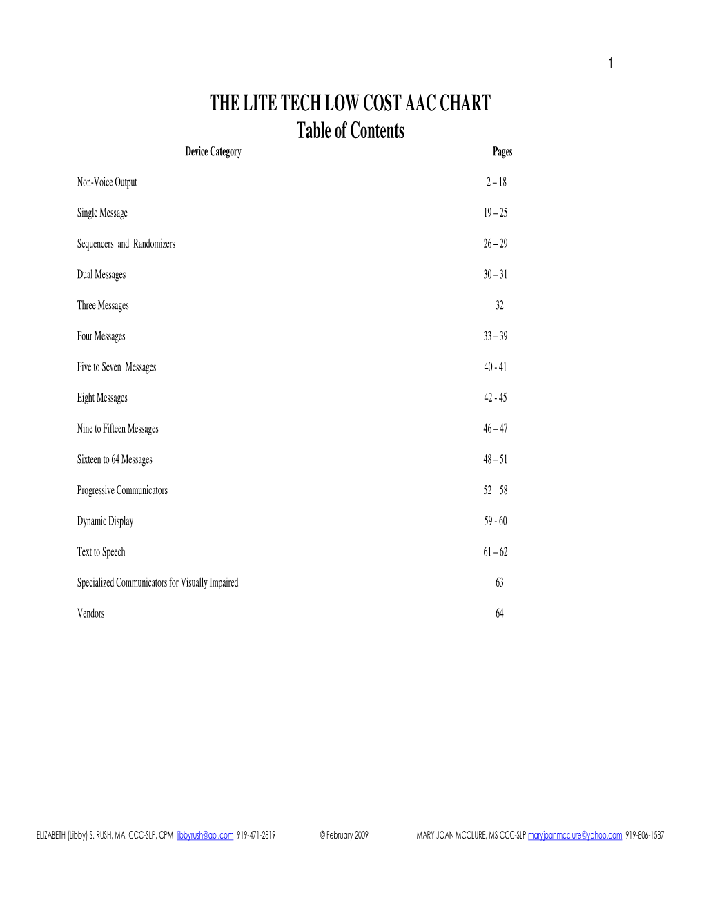 THE LITE TECH LOW COST AAC CHART Table of Contents Device Category Pages