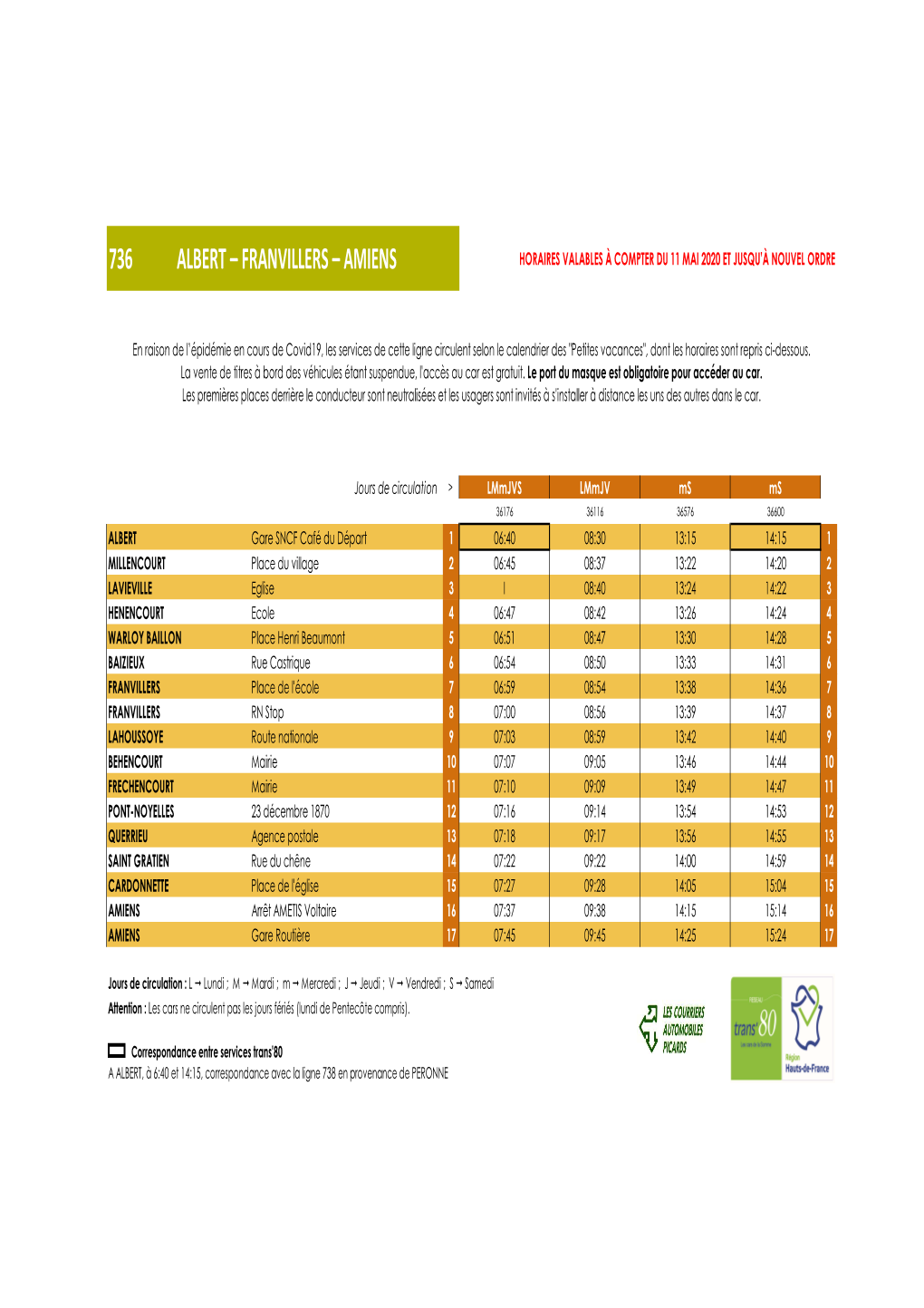 736 Albert – Franvillers – Amiens Horaires Valables À Compter Du 11 Mai 2020 Et Jusqu’À Nouvel Ordre