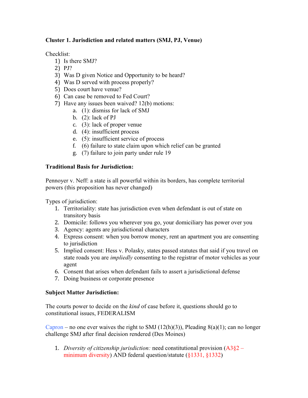 Cluster 1. Jurisdiction and Related Matters (SMJ, PJ, Venue)